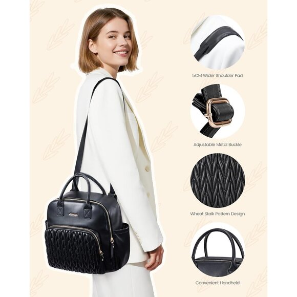 Black Faux Leather Women's Small Stylish Waterproof Daypack Backpack for Travel - Picture 4 of 7